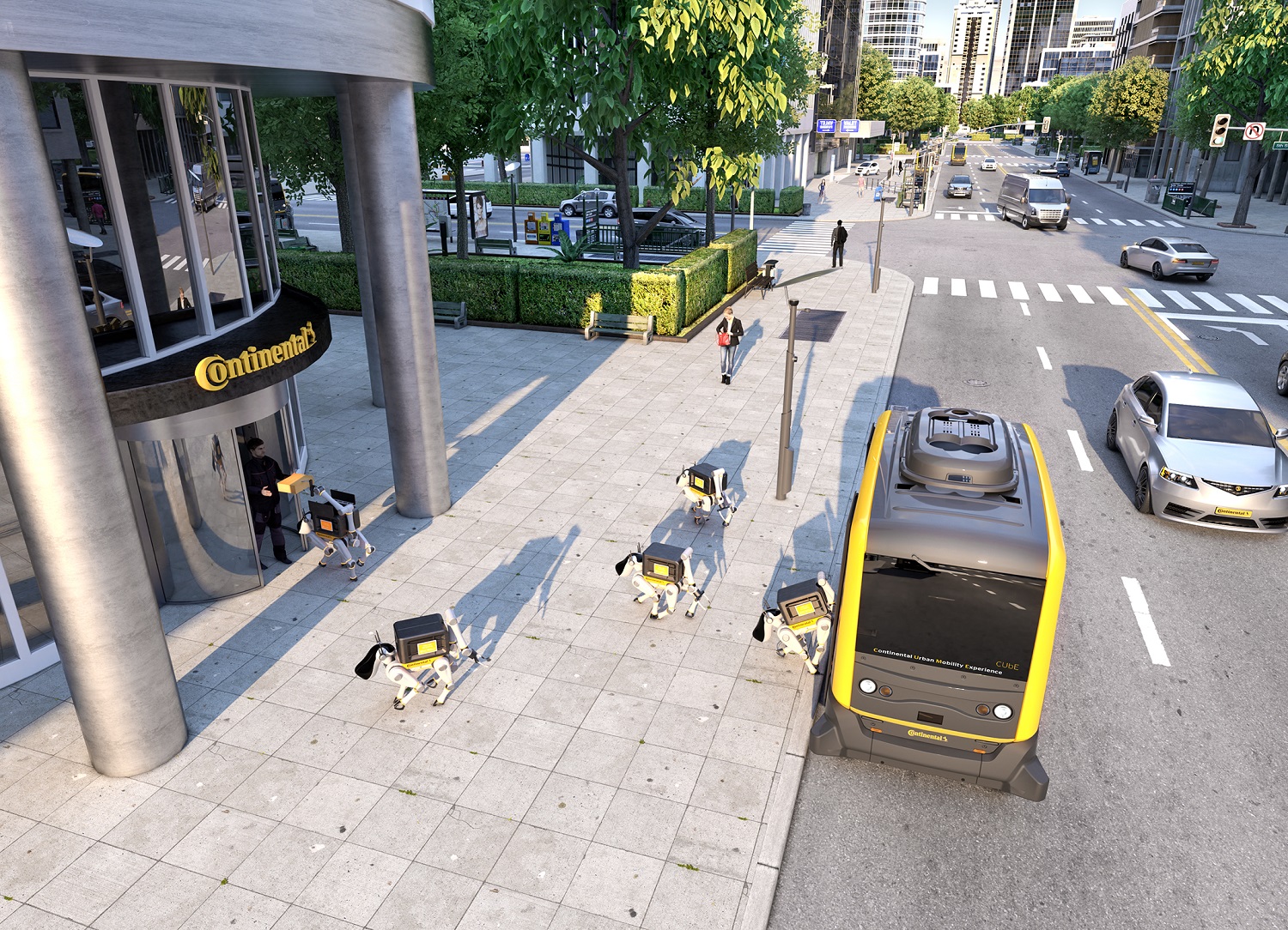 Roboty wyglądem przypominające psy to nowy pomysł firmy Continental. Ich zadaniem będzie dostarczanie przesyłek bezpośrednio do rąk klientów. To nowe rozwiązanie dla branży kurierskiej, niemiecka spółka postanowiła połączyć ze swoim wcześniejszym wynalazkiem – autonomiczną i w pełni elektryczną ciężarówką Continental Urban Mobility Experience (CUbE, z ang. kostka). Według koncepcji koncernu, te niewielkie pojazdy będą przewozić roboty-psy do wyznaczonych miejsc docelowych, by te bez trudu mogły zanieść przesyłki odbiorcom. Fot. continental-corporation.com