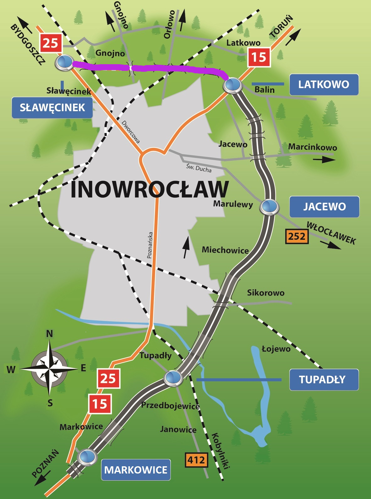 Dzisiaj od godz. 14 kierowcy mogą już korzystać z nowego fragmentu obwodnicy Inowrocławia. Prawie 5-kilometrowy odcinek omija miasto od północy i łączy się z istniejąca częścią obwodnicy o długości 19 km na węźle Latkowo. Przy okazji budowy tej części obwodnicy (w ciągu dróg krajowych nr 15 i 25) drogowcy zbudowali m.in. węzeł drogowy Sławęcinek, pięć obiektów inżynierskich oraz chodniki i zatoki autobusowe. Mapa: GDDKiA