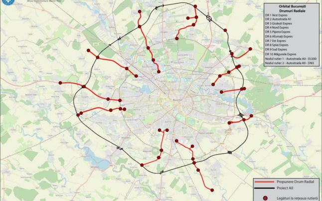 Traseele propuse pentru cele zece drumuri radiale care vor lega Bucureștiul de A0